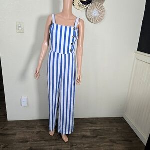 C&C California Striped Blue &white Linen blend Jumpsuit  Size Small